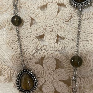 Brown stones long necklace on silver chain